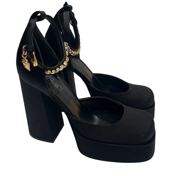 S7 VERSACE $1,525 Aevita Platform Heels w Crystals Medusa Charm Satin IT39/US9 - Picture 1 of 12
